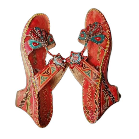 Elite by Corkys Jamaica Multi Floral Tooled Leather Wedge Sandals… - Picture 5 of 11